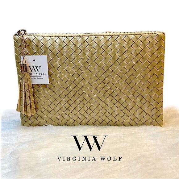 NWT Virginia Wolf Mimi Woven Gold Metallic Pouch Clutch Bag - Picture 1 of 13
